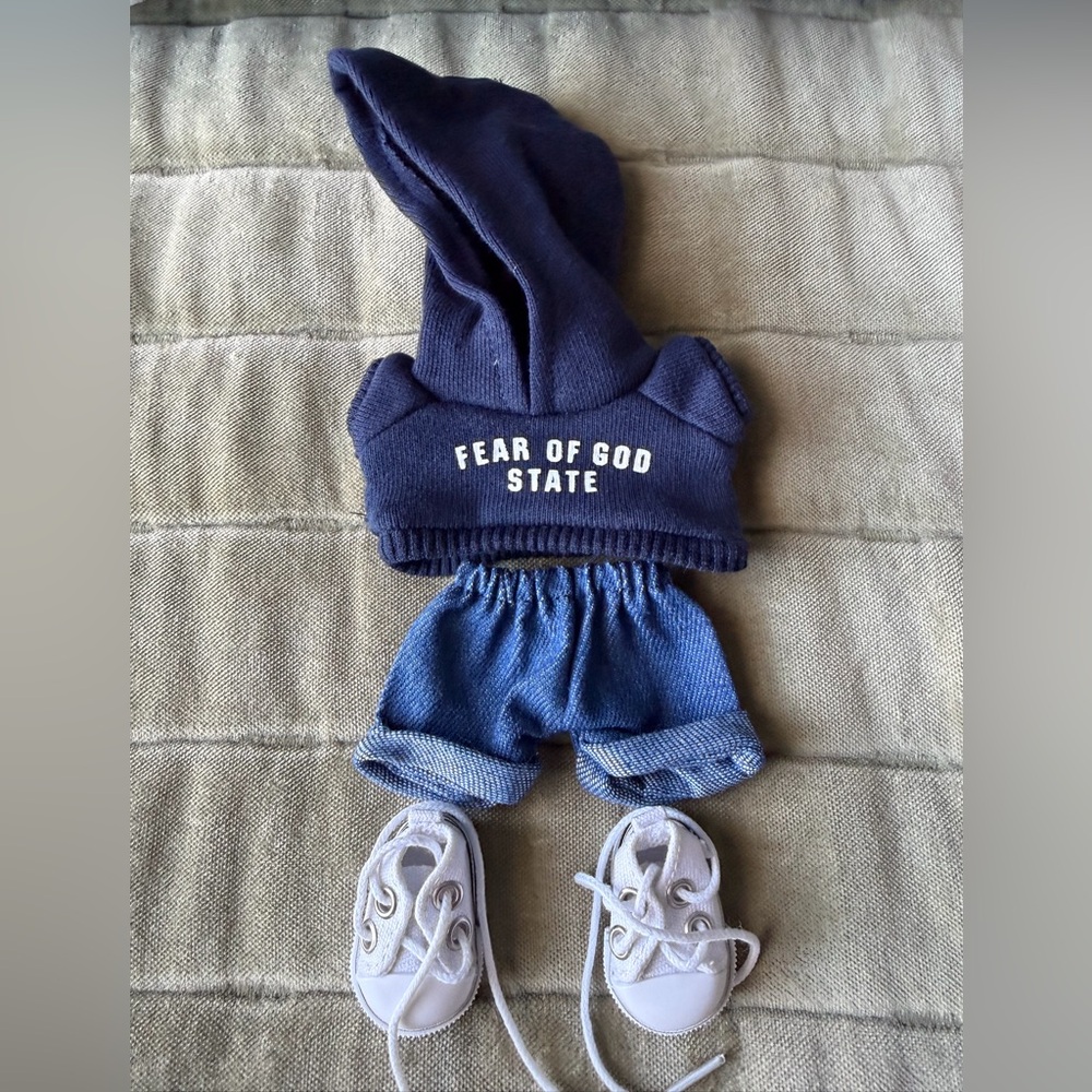 Labubu FOG Navy Hoodie and Denim Shorts Set with Sneakers